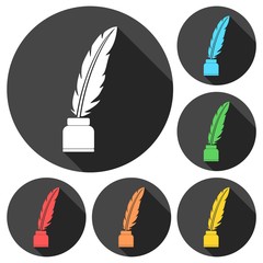 Feather with ink sign icons set with long shadow