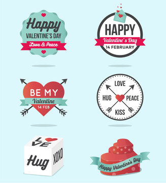 Happy Valentines Day logo, labels, banner, icons with ornaments hearts, arrow and ribbon. Flat design vector illustration
