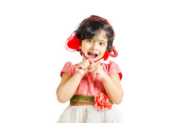 Little girl posing with love symbol isolated in white background