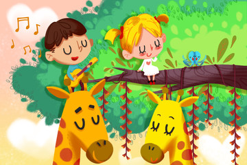 Creative Illustration and Innovative Art: Happy Valentine's Day. Boy Plays Guitar for the Girl on the Tree. Realistic Fantastic Cartoon Style Artwork Scene, Wallpaper, Story Background, Card Design