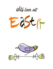 With love at Easter card design, calligraphic text, lettering. Hand drawn bird, branches, leaves isolated on white background.