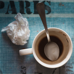 remains of breakfast on the table, filtered intentionally with vintage colors