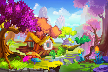Creative Illustration and Innovative Art: The Tree House Scene. Realistic Fantastic Cartoon Style Artwork Scene, Wallpaper, Story Background, Card Design 