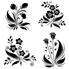 Flowers black silhouettes collection set 