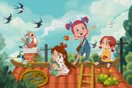 Creative Illustration and Innovative Art: Memory of Friendship. Little Friends Playing at Roof, Swallow Darting through Air. Realistic Fantastic Cartoon Style Scene / Wallpaper / Background Design.