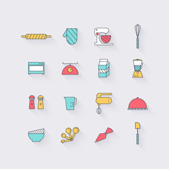 Line icons set in flat design. Elements of Cooking Foods and Kit