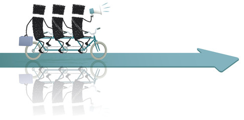Three businessmen riding a bike. Three executives mounted on a tandem. Concept illustration teamwork.