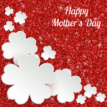 Happy Mothers Day or international womens day greeting card, holiday glitter dust sparkle red background with white paper flowers, vector illustration with place for text