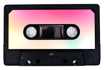 isolated retro cassette tape with colorful design on white background