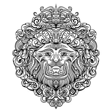 Lion Head with abstract ornament. Vintage tattoo art design, card, print, t-shirt, postcard, poster. Black and white hand drawn vector illustration