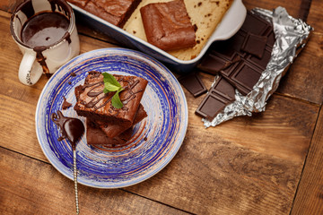 Plate with delicious chocolate brownies