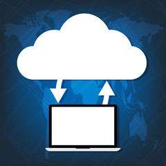 Computer laptop connected cloud on world map blue background. 