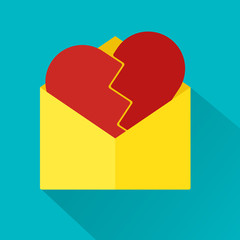 Flat design of love letter with broken heart and long shadows.