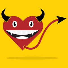 Obraz premium Red vampire heart with tail and horn. Vector illustration flat.