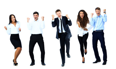 Fototapeta na wymiar Very happy business people jumping and clenching their fists against white background