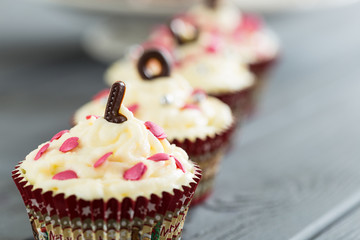 Delicious Christmas Day Chocolate Cupcakes with Beautiful Decoration on Dark Wooden Background, Horizontal