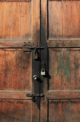 Old Wooden Door Lock with Padlocks 