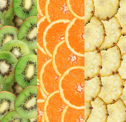 Collage with fruit of pineapple, kiwi and orange slices