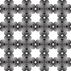 Seamless geometric pattern with stylized hearts. Repeating vintage texture. Abstract white and black background.Monochrome backdrop. Celtic element. Four-leaf clover shaped knots.Vector illustration. 