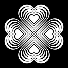 White Celtic heart knot - stylized symbol. Made of hearts. Four-leaf clover. Isolated design element. Black background. Vector illustration.