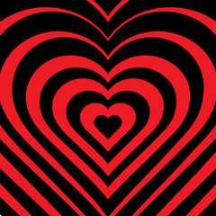 Vector illustration of abstract heart. Love symbol. Geometric background. Optical illusion. Red and black backdrop. Valentine's Day card. Graphic poster. Use for invitation, wallpaper, web element.