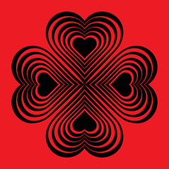 Black Celtic heart knot - stylized symbol. Made of hearts. Four-leaf clover. Isolated design element. Red background. Vector illustration.
