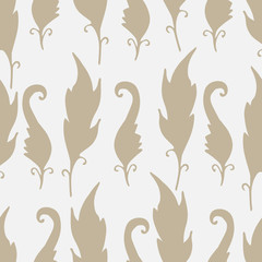 Repeating floral and feather pattern. Seamless texture with leaves silhouettes. White background with beige elements. Light backdrop.Vector illustration. For textile,wrapping, wallpaper,cloth design. 