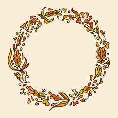 Leaf doodle wreath. Vintage round frame. Warm colors. Space for text. Floral vector illustration.Template for wedding invitation, save the date, greeting, birthday cards. Decorative design element.