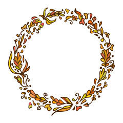 Leaf doodle wreath. Vintage round frame isolated on white. Warm colors. Space for text. Floral illustration.Template for wedding invitation, save the date, greeting,birthday cards. Decorative element.