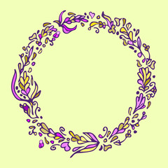 Leaf doodle wreath. Vintage round frame on yellow background. Space for your text. Floral illustration.Template for wedding invitation,save the date,greeting,birthday cards. Decorative design element.