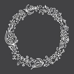Leaf doodle wreath. Chalkboard imitation. Vintage round frame on blackboard. Space for text.Floral vector illustration.Template for wedding invitation, save the date,greeting card. Decorative element.