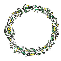 Leaf doodle wreath. Vintage round green frame isolated on white. Space for your text. Floral illustration.Template for wedding invitation, save the date, greeting, birthday cards. Decorative element.