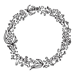 Leaf doodle wreath. Vintage round frame isolated on white. Space for your text. Floral illustration.Template for wedding invitation, save the date, greeting, birthday cards. Decorative design element.