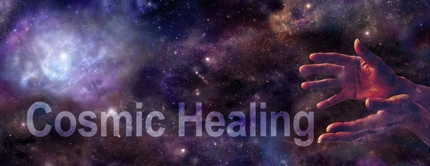 Cosmic Healing website banner - ethereal outer space background with a nebula on left and a pair of...