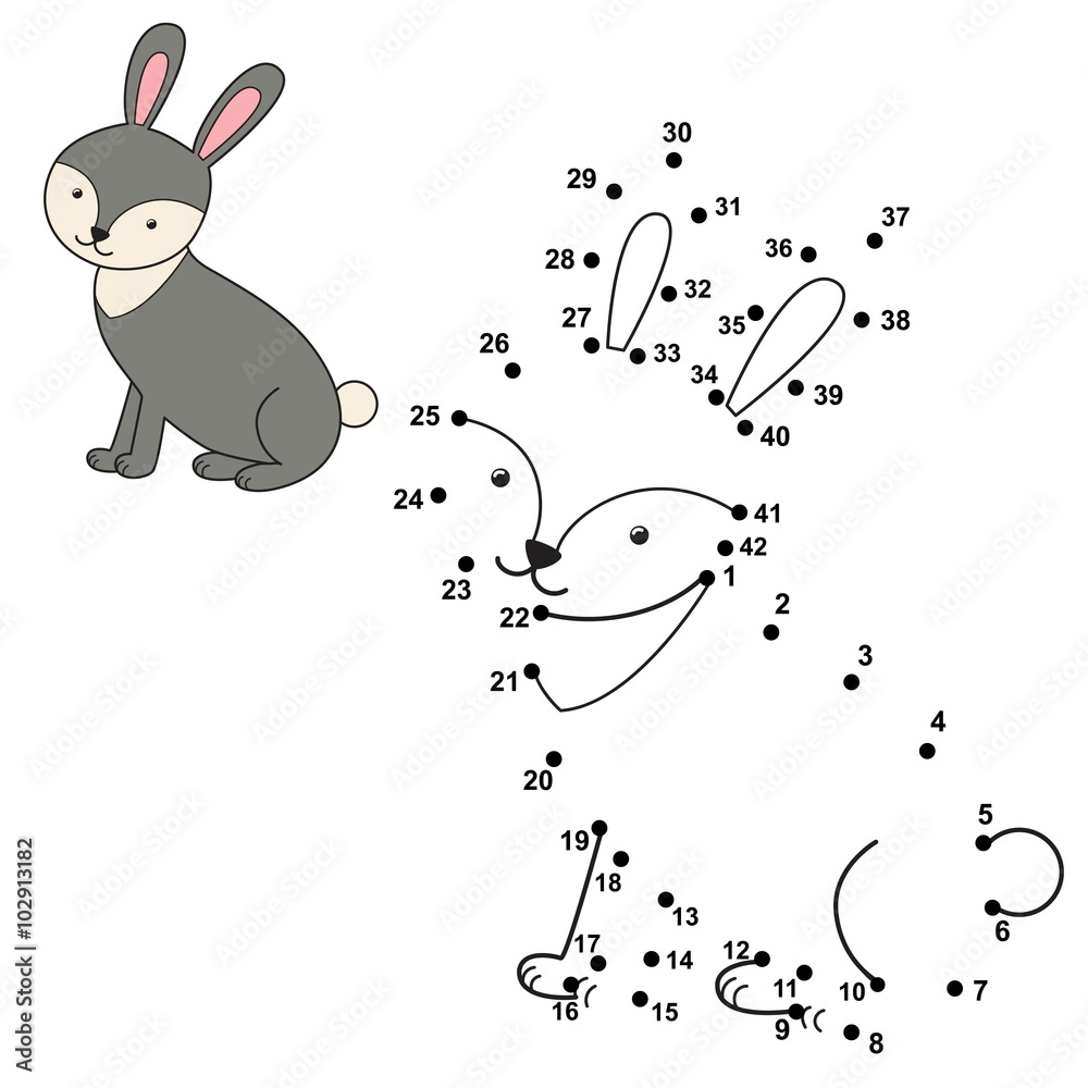 Wall mural Connect the dots to draw the cute rabbit and color it