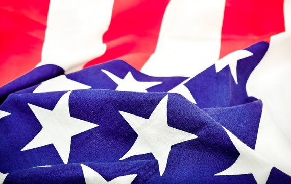 Selective Focus of ruffled American flag, Close up image