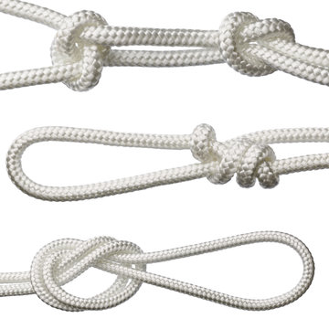 A set of knots on a white rope, isolated on a white background.