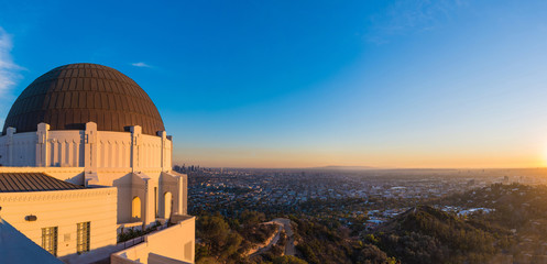 Panoramic view of Los Angeles downtown skyline viewed from Griffith Observatory.