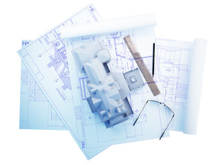 3D building with architectural drawing