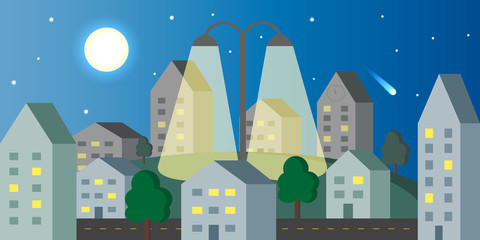 Obraz premium City night scenery with street lamp and falling comet , flat design