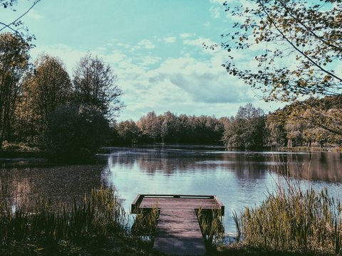 view on a lake with a wooden pier © hennyvanroomen