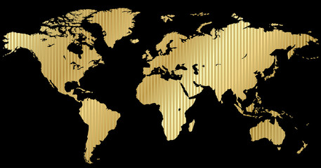 vector map of the world made of corrugated gold on a black background