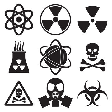 Vector black atom icons set nuclear danger 