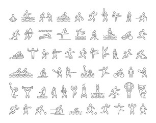 Set of linear shapes popular sports athletes. Vector icons.
