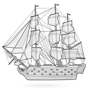 Big old wooden historical sailing wire boat on white. With sails, mast, brown deck, guns. Black and white galleon. Training corvette ship for pirate - flatten icon isolated illustration master vector
