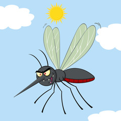Mosquito Cartoon Character Flying. Illustration With Background