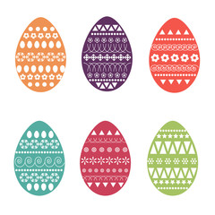 Vector flat set of colorful and ornate easter eggs. Fresh and spring design for greeting cards, textile, booklet, fabric, sticker, stencil. Dots, flowers, stripes, curves, ovals, triangles