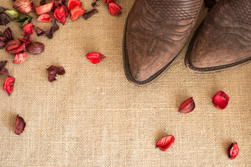 toes of cowboy boots on country fabric with dried red flowers all around - negative space on bottom left