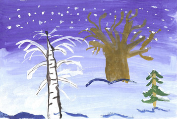 Fototapeta premium Children drawing winter landscape.