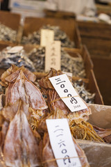 Dried fish, seafood product at market from Japan.